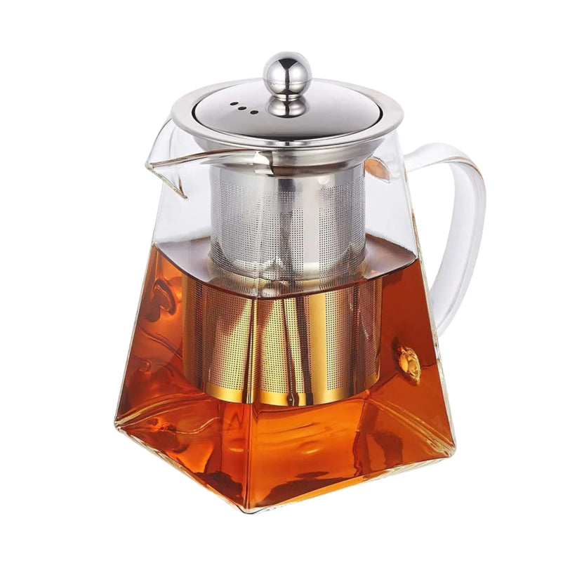 Clear glass teapot with metal infuser and lid
